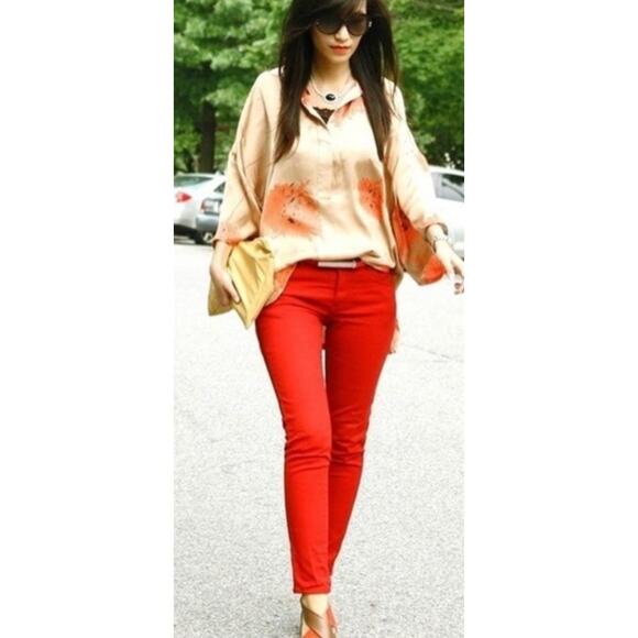 NEW FREE PEOPLE x SR vs SANDRINE ROSE Blood Red Skinny Jeans 24 - Picture 1 of 8